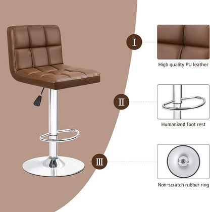 Furniwell Bar Stools Modern Pu Leather Swivel Adjustable Barstools Armless Counter Height Swivel Bar Stool Synthetic Leather Height Square Barstool with Set of 2(Brown)
