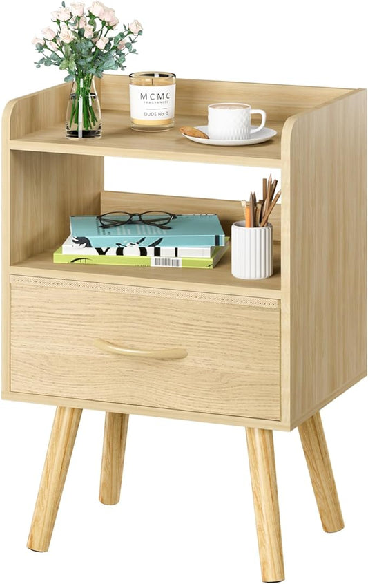 Yoobure Modern Nightstand with Fabric Drawer, Bedside Tables, Mid Century Nightstand with Open Storage Shelf, Wood Bedside Table, Small Night Stands for Bedrooms, 2-Tier Night Table