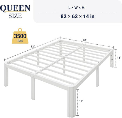 Allewie Metal Queen Bed Frame, 14 Inch 3500LBS Heavy Duty Platform Bed with Rounded Corner & Under Bed Space, No Box Spring Needed, Noise Free, Easy Assembly, White