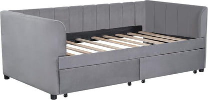 YOPTO Velvet Twin Size Upholstered Daybed with Ergonomic Design Backrest & 2 Drawers, Sofa Bed w/Classic Striped Headboard for Bedroom, Living Room, Guest Room,No Box Spring Needed,Gray