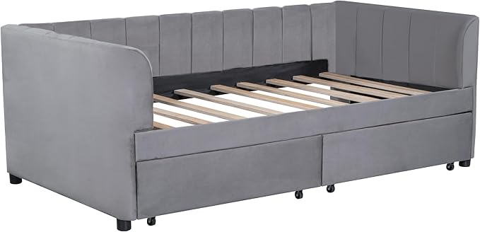 Merax Twin Size Upholstered Daybed with 2 Storage Drawers, Wooden Sofa Bed Frame with Simple Line Design, Grey