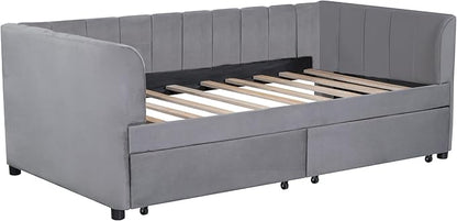 Merax Twin Size Upholstered Daybed with 2 Storage Drawers, Wooden Sofa Bed Frame with Simple Line Design, Grey