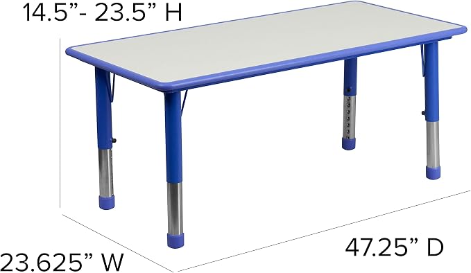 EMMA + OLIVER Adjustable Kids Activity Table for Home Use, Height-Adjustable Classroom Table for Kids, 23.625" W x 47.25" D x 14.5-23.5" H, Blue