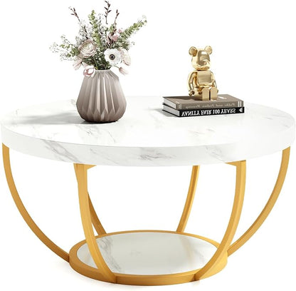LITTLE TREE Round Coffee Table, 32" Circle Faux Marble Coffee Tables for Living Room, 2-Tier Golden Metal Legs Accent Center Table with Open Storage Modern Design Home Furniture (White and Gold)