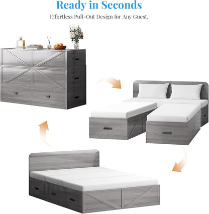 PUREMIND Murphy Bed Full with Mattress Included, Wood Cabinet Bed with Dual Storage Drawers & 2 Pillows, 3-in-1 Convertible Sofa Beds for Small Space, Guest Room, Home, Gray