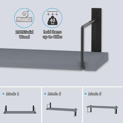 Floating Shelves, 24 Inches Easy to Install Wall Mounted Shelves, Set of 3, Rustic Wood Shelves for Wall Decor, Storage Shelves for Living Room (Grey)