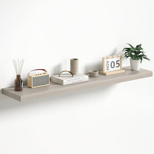 Fun Memories Floating Shelves - 12 Inch Rustic Wooden Wall Shelves - Extra Deeper & Thicker Wall Mounted Storage Shelf for Living Room, Kitchen, Farmhouse - 55" W x 12" D x 1.8" H - Grey