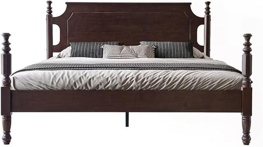 Solid Wood Queen Size Platform Bed Frame with Headboard & Footboard, Center Metal Legs, 12 Heavy-Duty Slats, Noise-Free, No Box Spring Needed, Easy Assembly, Dark Roast Oak Finish, ROQ-32