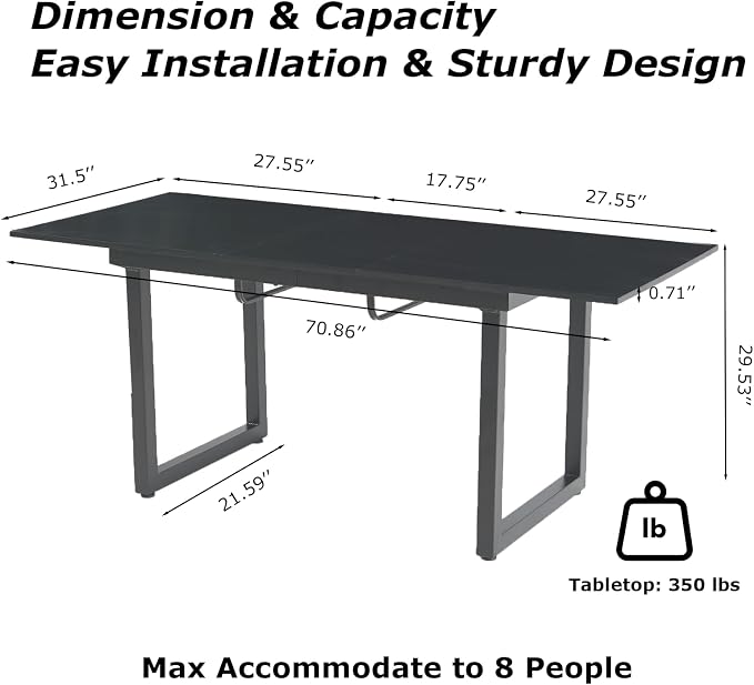 Extendable Dining Table for 4-8 People,70.86''Modern Space-Saving Kitchen Table with Metal Legs,Rectangle Folding Conference Meeting Table for Living Meeting Room Kitchen,Black