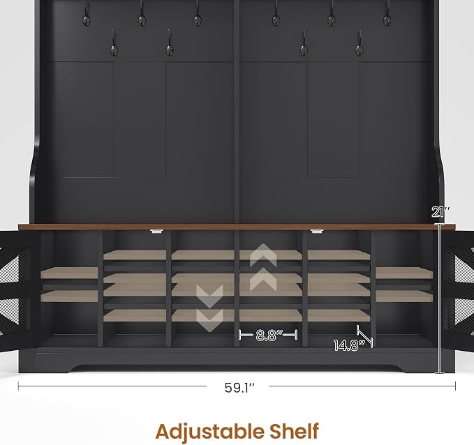 Itaar Hall Tree with Bench and Shoe Storage, 5-in-1 Entryway Bench with Coat Rack, 16 Shoe Cubbies & 12 Coat Hooks, Barn Door & Adjustable Shelf (Black)