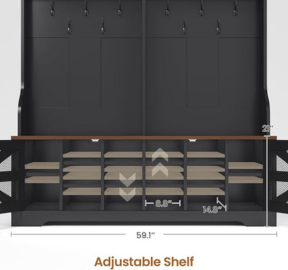 Itaar Hall Tree with Bench and Shoe Storage, 5-in-1 Entryway Bench with Coat Rack, 16 Shoe Cubbies & 12 Coat Hooks, Barn Door & Adjustable Shelf (Black)