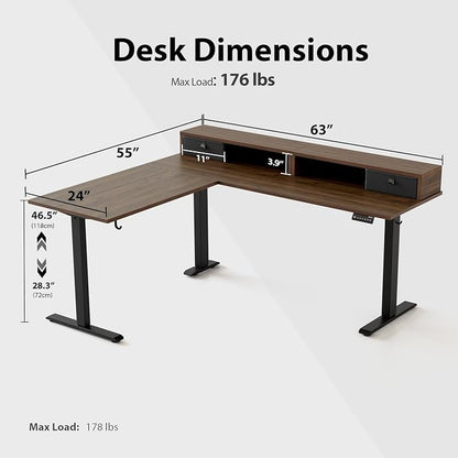 Agilestic L Shaped Electric Standing Desk with 2 Drawers, 63 Inch Ergonomic Adjustable Height Desk with Storage, Corner Desk Sit Stand up Computer Table for Work Office Home, Dark Walnut