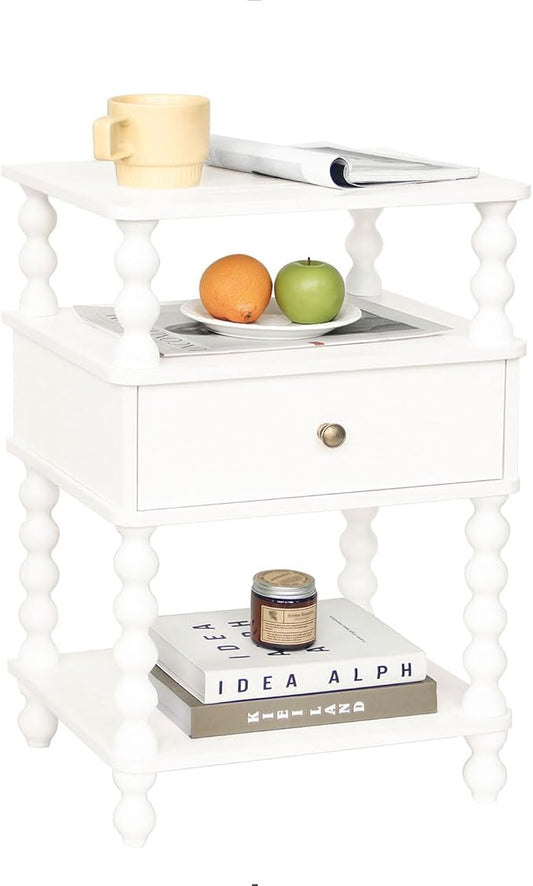 AWASEN White Nightstand, Bed Side Table Bedroom with Drawer, 3-Tier Small Night Stand End Table with Storage for Small Spaces &Solid Wood Spindle Legs, White