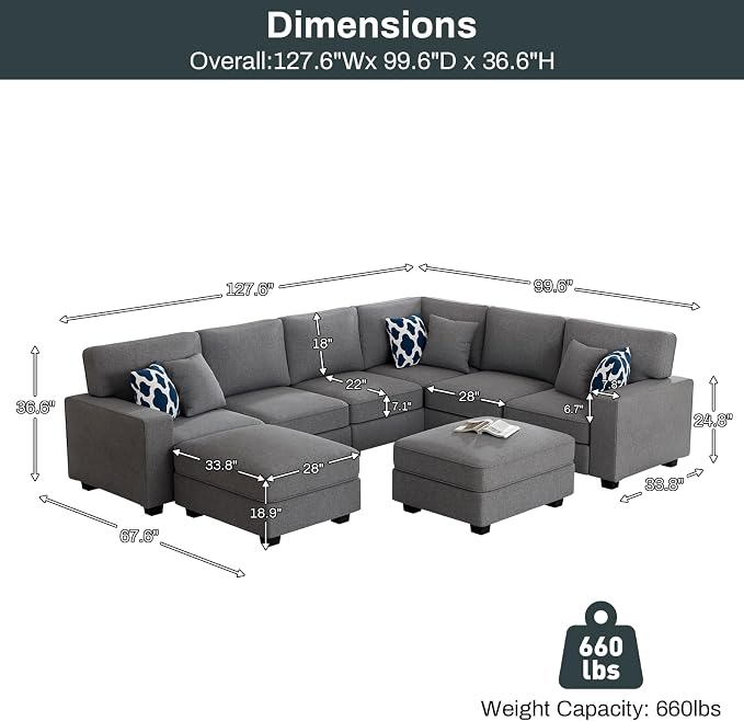 Legend Vansen Oversized Modular Sectional Sofa,U/L‑Shaped Reversible Couch with Ottoman,Deep Seat Plush Polyester Sofa for Living Room,8‑Seater,Dark Grey
