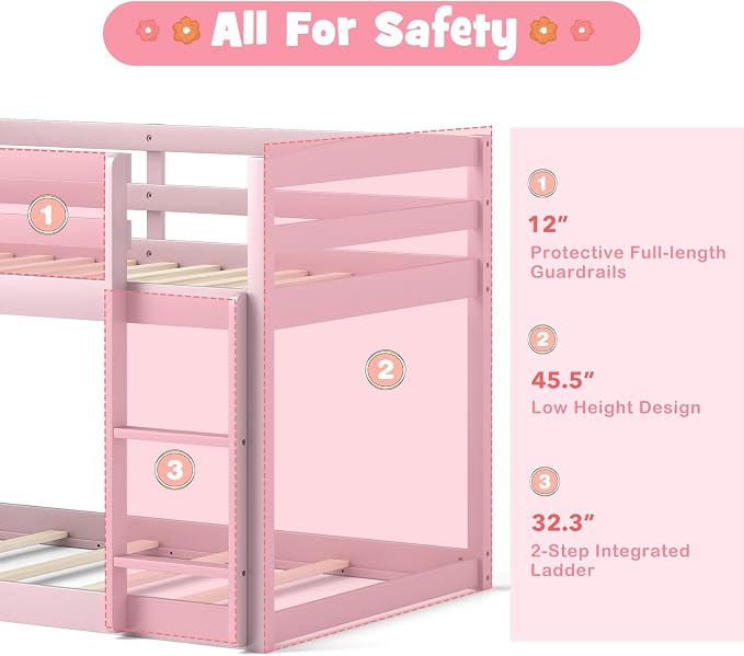 MAT EXPERT Bunk Bed Twin Over Twin, Low Wood Bunk Bed Frame w/Safety Guardrails, Ladder & Slats, Floor Platform Twin Bunk Beds for Kids Toddlers, for Dorm Bedroom, No Box Spring Needed (Pink)