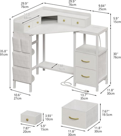 VENNQD Corner Desk with 6 Drawers Shelves for Small Space Computer Desk with Power Outlets,Gaming Desk with Printer Monitor Stand Storage for Home Office Workstation Writing Table (White, 31.5)