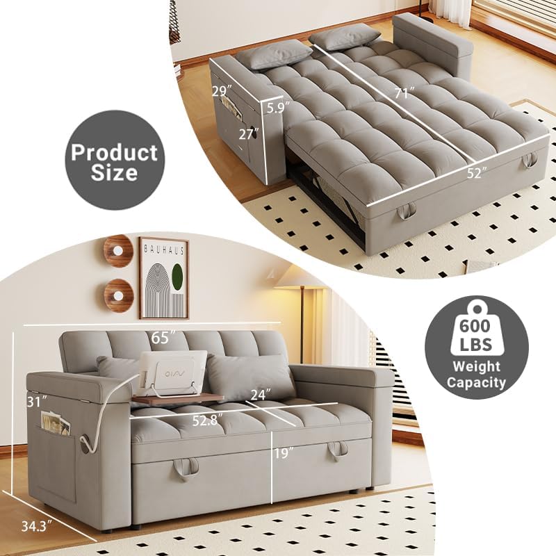 65'' Sleeper Sofa, 3-in-1 Convertible Sofa Bed for Apartments