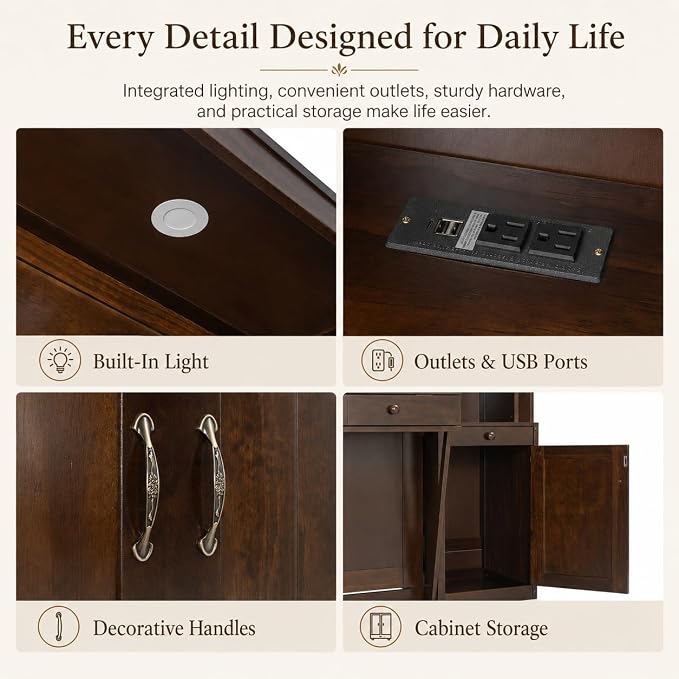 Queen Murphy Bed with Desk, Wall Bed Cabinet with Storage Shelves, Enclosed Cabinets and Hidden Foldout Workstation, Folding Cabinet Bed, Space Saving Bed for Guest Room, Home Office (Dark Brown)