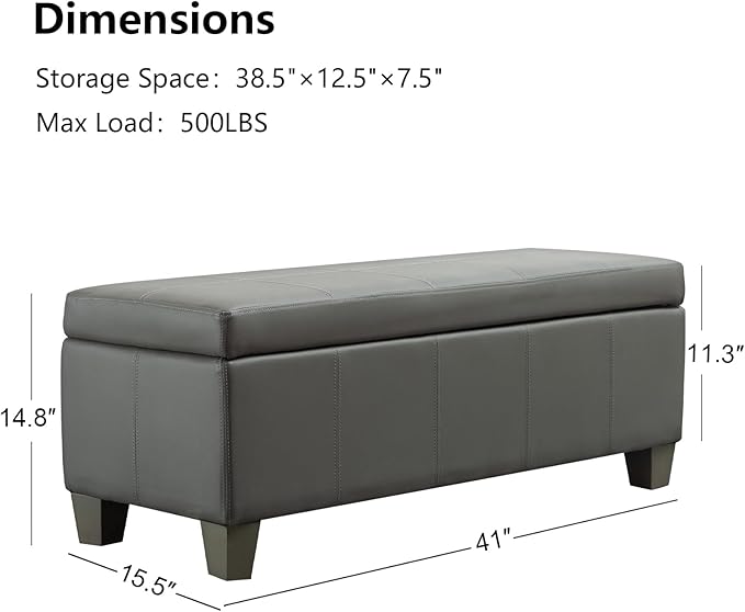 41" Storage Ottoman, Storage Bench with Safety Hinge, Upholstered Synthetic Leather Ottoman Bench for Bedroom, Living Room, Entryway, Hallway, Foot Rest, Support 500lbs, Grey