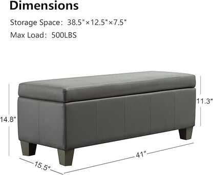 41" Storage Ottoman, Storage Bench with Safety Hinge, Upholstered Synthetic Leather Ottoman Bench for Bedroom, Living Room, Entryway, Hallway, Foot Rest, Support 500lbs, Grey