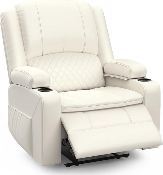Oversized Manual Recliner Chair, 3 Angle Recliner Home Theater Seating, RV Recliner Single Sofa with Hidden Arm Storage, Cup Holder & Side Pocket (Single, White)