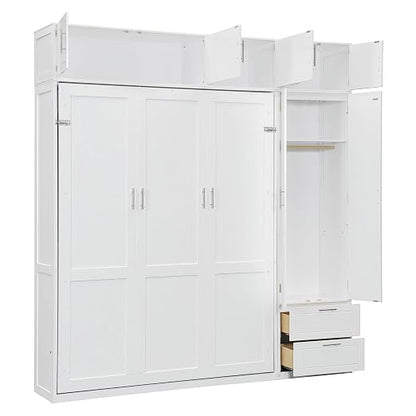 Murphy Bed Queen Size,Murphy Bed with Top Cabinet and Shelves,Space-Saving Multifunctional Hideaway Wall Foldable Bed w/Slat Support,Bedroom Folding Bedframe for Guest Room,White
