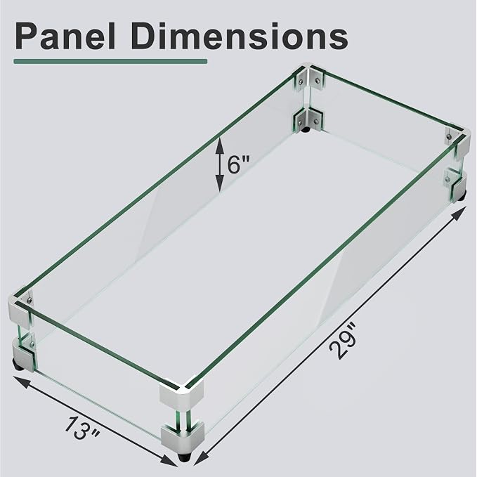 GASPRO 29 x 13 Inch Glass Wind Guard for Rectangular Fire Pit Table, Thick and Sturdy Tempered Glass Panel with Hard Aluminum Corner Bracket & Rubber Feet, Easy to Assemble
