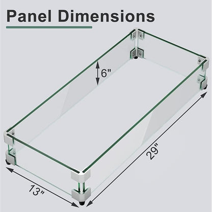 GASPRO 29 x 13 Inch Glass Wind Guard for Rectangular Fire Pit Table, Thick and Sturdy Tempered Glass Panel with Hard Aluminum Corner Bracket & Rubber Feet, Easy to Assemble
