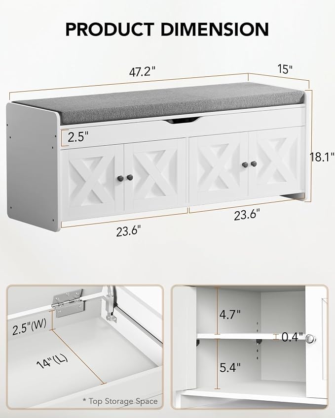 Amada Shoe Storage Bench, 47.2" Long Entryway Bench with Cushioned Seat & Lift Top Storage, 4 Doors, Adjustable Shelf, 300 lbs Capacity, Bench with Shoe Rack for Entryway, Bedroom, Living Room, White