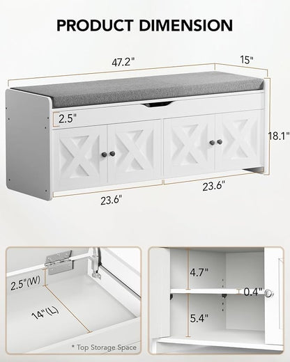Amada Shoe Storage Bench, 47.2" Long Entryway Bench with Cushioned Seat & Lift Top Storage, 4 Doors, Adjustable Shelf, 300 lbs Capacity, Bench with Shoe Rack for Entryway, Bedroom, Living Room, White