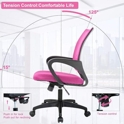 BestOffice | Ergonomic Office Chair | Mid-Back Swivel Desk Chair | Breathable Backrest & Lumbar Support | Adjustable Height | Sponge Seat | Rolling Wheels | Pink | for Adults & Women | Pack of 2