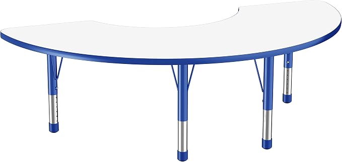 FDP Dry-Erase Half Moon Activity School and Classroom Kids Table (36 x 72 inch), Chunky Toddler Legs for Collaborative Spaces, Adjustable Height 15-24 inches - Whiteboard Top, Blue Edge and Legs