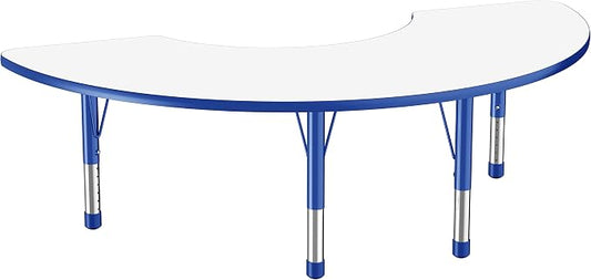 FDP Dry-Erase Half Moon Activity School and Classroom Kids Table (36 x 72 inch), Chunky Toddler Legs for Collaborative Spaces, Adjustable Height 15-24 inches - Whiteboard Top, Blue Edge and Legs