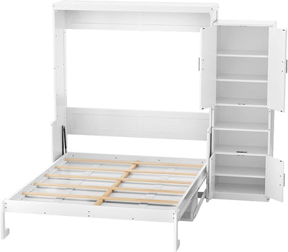 PVWIIK Queen Size Murphy Multifunctional Bed Frame with Desk & Storage Shelf & USB for Adult Boys Girls,Wall Bedframe Folding into Cabinet Design,White