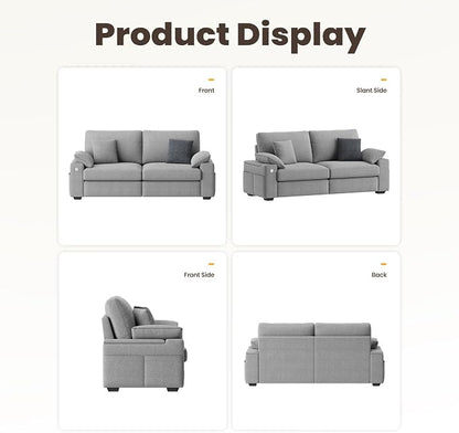 MALOL 76" Loveseat Couch, 3 Seater Upholstered Midcentury Mondern Love Seat with USB Type C Ports, 4 Pillows and Storage Armrest Cloud Foam Sofa for Living Room/Small Spaces, Grey | Breathable material