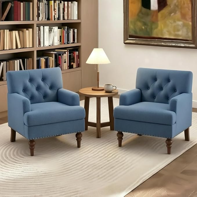MALOL Upholstered Accent Chair Set of 2, Comfy Reading Chair for Living Room, Mid Century Modern Armchair with Thick Cushion & Solid Rubberwood Legs, for Bedroom/Small Spaces, Blue