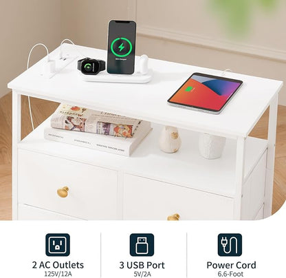 Yoobure Night Stand with Charge Station, Nightstand with 4 Drawers Bedside Table, LED Dresser with Storage Shelf, Night Stands for Bedroom, Side Table 3-Tier Wood End Table for Home, Office White
