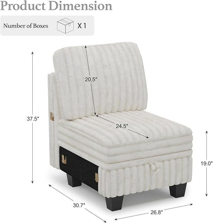 Belffin Plush Corduroy Single Module with Storage for Modular Sectional Sofa Beige Couch