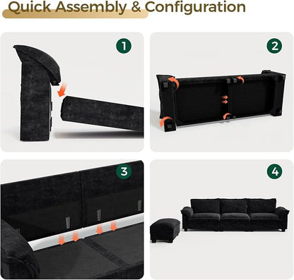 KKL Sectional Modular Sofa Bed, 4 Seater Cloud Couch with Ottoman, Chenille Sectional Couches for Living Room, Apartment, Black