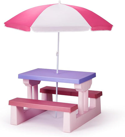 Picnic Table, Plastic Outdoor Table & Bench Set with Umbrella, Patio Furniture Set for Backyard Garden, Picnic Tables for Outdoors (Pink & Purple)