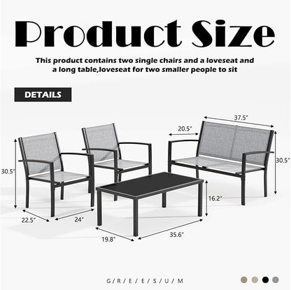 Greesum 4 Pieces Patio Furniture Set, Outdoor Conversation Sets for Patio, Lawn, Garden, Poolside with A Glass Coffee Table, Gray