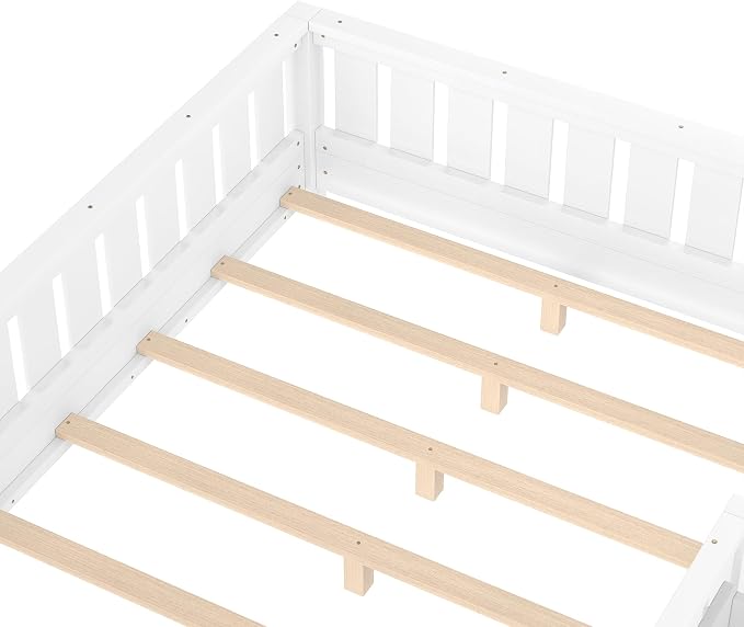 Bellemave White Montessori Floor Bed with Fence and Slats, Full Size Montessori Floor Bed with Bookcase and High Rails, Easy Assemble Bed Frame for Girls, Boys, Full