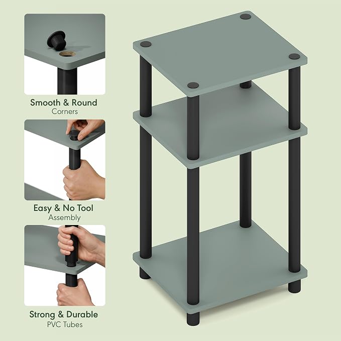 Furinno JUST Side Table, 3-Tier End Table, Open Shelves Night Stand, Bedside Table, Toolless Assembly, for Living Room, Bedroom, Bathroom, Sage Green