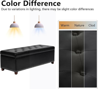 Joveco 47 Inch Storage Ottoman Bench,Tufted Leather Storage Bench with Nailhead Trim for Bedroom (47”,Black)