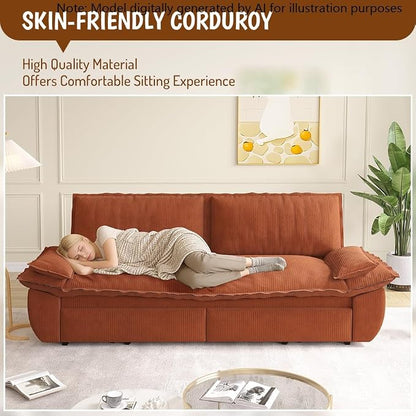 73.2" Sleeper Sofa Bed Queen, 3-in-1 Convertible Couch, Modern Pull Out Couches, Comfy Corduroy Futon Sofa, Cloud Loveseat Lounge, Pillow Arm for Small Spaces, Living Room, Apartment, Orange