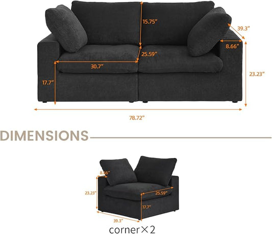 Cloud Modular Sectional Sofa Couch,80.3" Convertible Couches Lovesofa for Living Room,Minimalist Deep Sofa Couches,Sofa Covers Washable&Replaceable(Black)