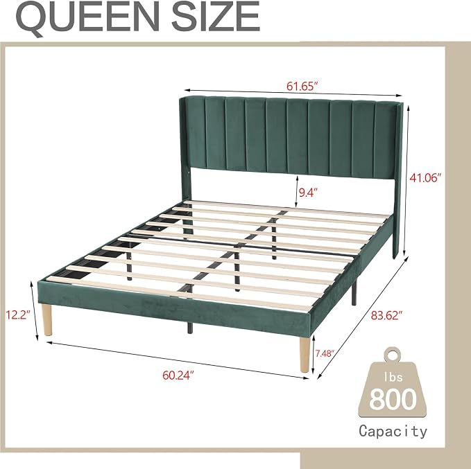 AGARTT Upholstered Platform Bed Frame Queen Size with Headboard and Footboard/Wooden Slats Support/No Box Spring Needed/Easy Assembly,Ink Green Velvet