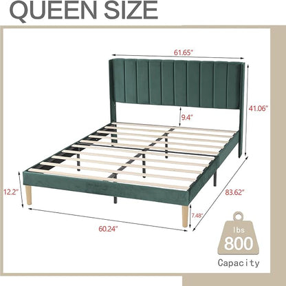 AGARTT Upholstered Platform Bed Frame Queen Size with Headboard and Footboard/Wooden Slats Support/No Box Spring Needed/Easy Assembly,Ink Green Velvet