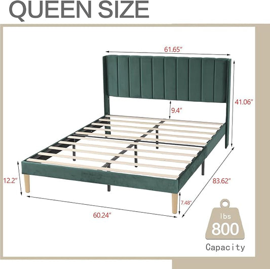 AGARTT Upholstered Platform Bed Frame Queen Size with Headboard and Footboard/Wooden Slats Support/No Box Spring Needed/Easy Assembly,Ink Green Velvet