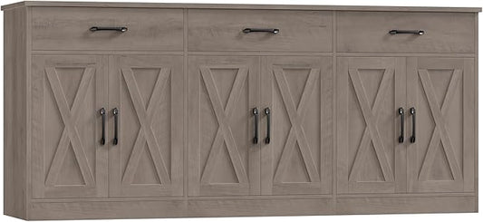 HOSTACK 71" Large Sideboard Buffet Cabinet with Storage, Farmhouse Coffee Bar Cabinet with 3 Drawers, Long Kitchen Buffet Table, Kitchen Sideboard Storage Cabinet for Dining Room, Living Room, Grey